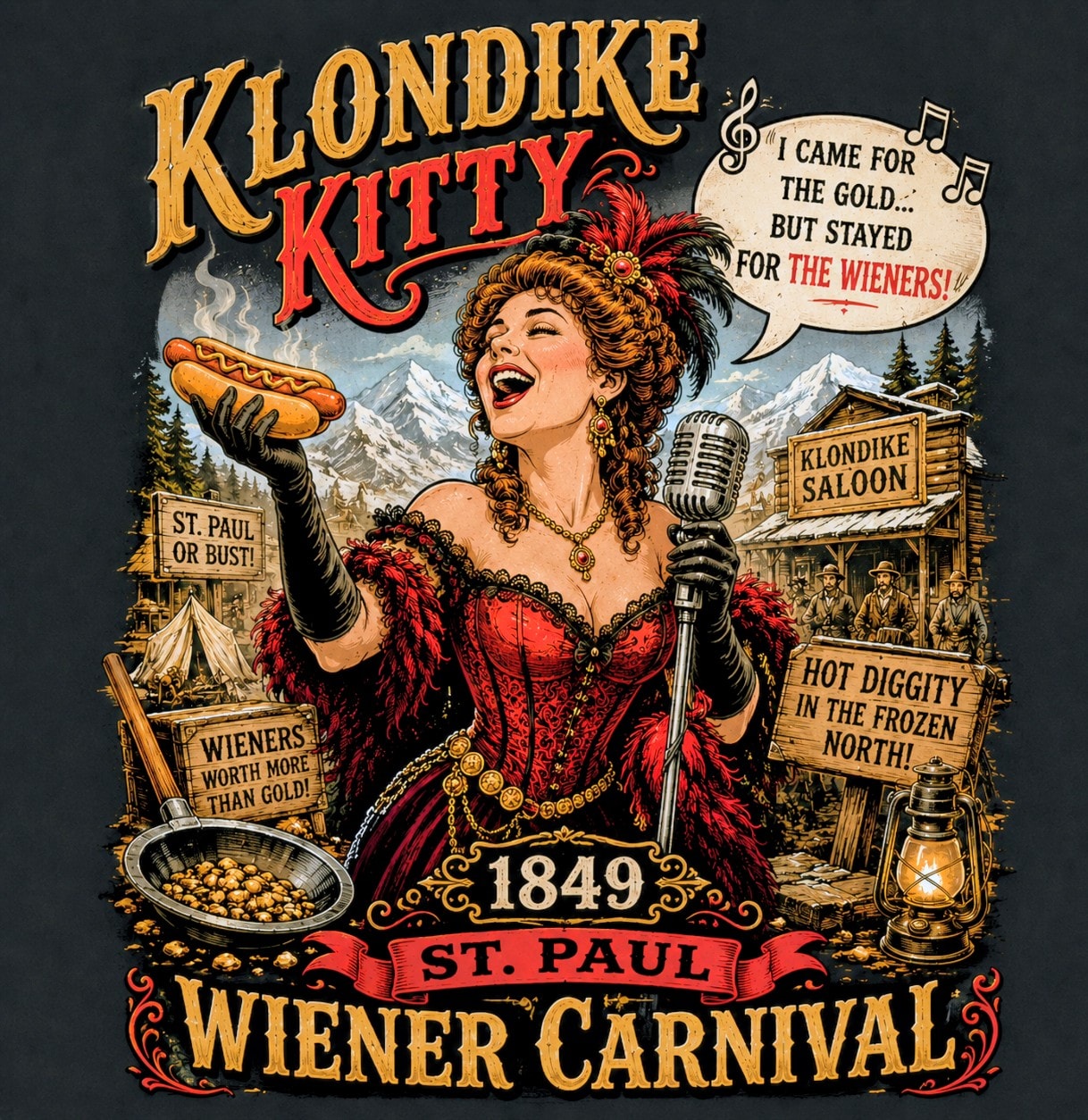 Klondike Kate holding a hot dog microphone